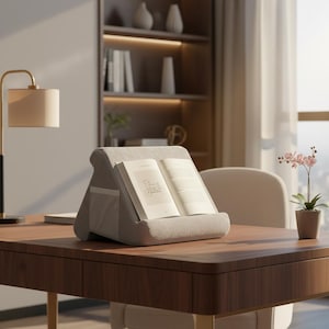 Puede incluir: Un soporte para libros de espuma gris claro en forma de cuña con una cubierta de tela suave, que presenta un pequeño bolsillo lateral de malla. Un libro abierto con un dibujo lineal simple de un carruaje en la página izquierda descansa.