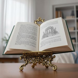May include: An open hardback book with printed text and a black and white illustration rests on an ornate, antique-style gold metal book stand. The stand features intricate scrollwork and curved legs, providing a stable base for the open book.