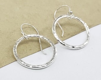 925 Sterling Silver Hoop Earrings, Hammered Silver Circle Hoops, Textured Silver Earrings, Minimalist Modern Jewelry - Round Dangle Earring