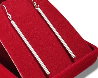 925 Sterling Silver Bar Earrings, Minimalist Stick Dangle Earrings, Geometric Line Earrings, Simple Handmade Silver Jewelry Gift,
