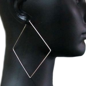 3.5&quot; Silver Hoop Earrings, Sterling Silver Square Hoops Solid Square Wire Earrings Boho Large Hoop Silver Earrings For Supermodel Women