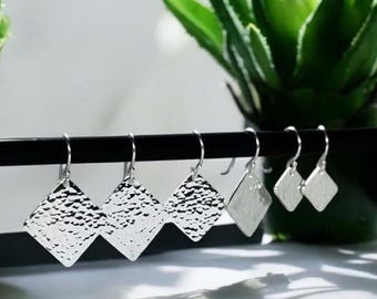 Handmade Hammered Square 925 Silver Dangle Earrings, Square Sterling Silver Hammered Earrings, Minimalist Geometric Silver Earrings Jewelry