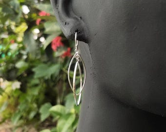 Handmade 925 Sterling Silver Dangle Earrings, Double Marquise Drop Hoops, Long Geometric Earrings, Minimalist Moving Loop Jewelry