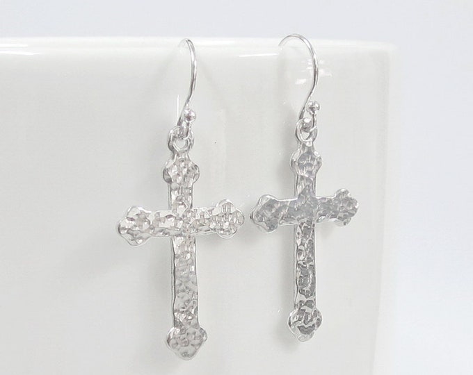 Gothic Silver Earrings Hammered Cross Earrings 925 Sterling Silver Dangle Cross Earring Cristian Jewelry Religious Catholic Earrings