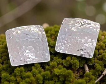 Hammered 18mm Square Sterling Silver Stud Earrings | Polished Silver Square Earrings for Women | Minimalist Geometric Silver Jewelry