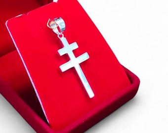 Handmade 925 Sterling Silver Cross of Lorraine Necklace, Double Cross Pendant for Men Women, Silver Patriarchal Cross Jewelry Religious Gift