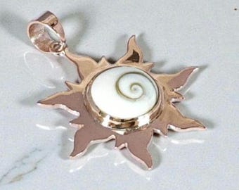 Handmade Shiva Eye Sun Pendant, Spiral Copper Sun Necklace, Eye of Saint Lucia Shell, Pacific Cat’s Eye Lucky Protection Charm, Boho Jewelry