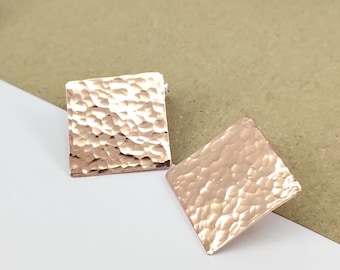 34mm Hammered Copper Earrings, Sterling Silver Post Earrings, Geometric Handmade Earrings, Simple Everyday Jewelry Gift for Her