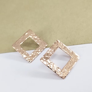 Large Hammered Copper Stud Earrings, 925 Sterling Silver Stud Earrings, Square Stud Earrings, Geometric Silver Earrings, Hanmade Earrings.