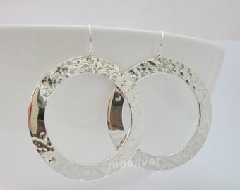 Handmade 925 Sterling Silver Hammered Round Dangle Earrings – Open Disc Hoop Earrings, Modern Minimalist Silver Jewelry Gift For Her