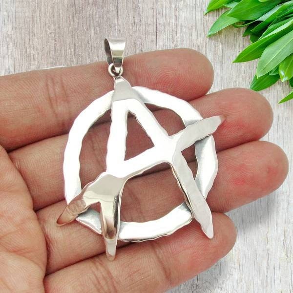 Handmade Large Anarchy Pendant 925 Sterling Silver Anarchy Necklace Anarchism Charm Grim Of Reaper Biker Pendant Biker Jewelry Gift For Men