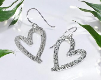 Sterling Silver Open Heart Earrings – Handcut Hammered 925 Silver Heart Drop Earrings for Women – Minimalist Love Gift - Heart Jewelry