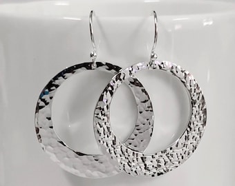 30mm Hammered Sterling Silver Circle Earrings – Cut Out Round Disc Dangle Earrings, Handmade 925 Silver Statement Jewelry Gift for Her,