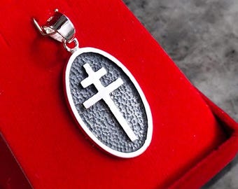 925 Sterling Silver Cross of Lorraine Pendant, Handmade Textured Oval Double Cross Pendant for Men & Women, Religious Christian Jewelry Gift