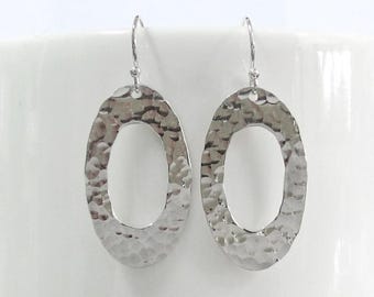 Hammered 925 Silver Open Oval Dangle Earrings, Handmade Free Form Texture Earrings Elliptical Shape, Minimalist Drop Silver Earrings, Gift