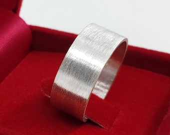 925 sterling zilveren geborstelde ring, zilveren platte band ring, effen band ring, abstracte zilveren ring, zilveren brede ring 8 mm, handgemaakte sieraden cadeau