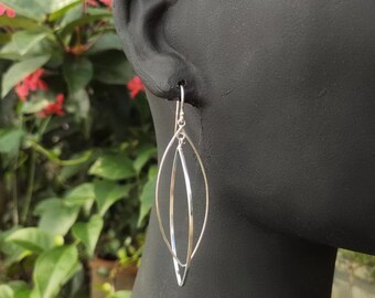 Handmade 925 Sterling Silver Double Marquise Dangle Earrings, Geometric Long Oval Loop Earrings, Big Statement Silver Earrings for Women