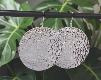 2.5inch Large Hammered Aluminum Disc Earrings – Boho Statement Dangle with Sterling Silver Hook -   African Statement Jewelry Gift for Women