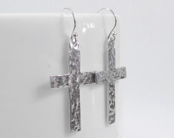 Hammered Sterling Silver Cross Earrings, 925 Silver Dangle Earrings, Handmade Christian Jewelry, Minimalist Cross Jewelry for Women, Gifts