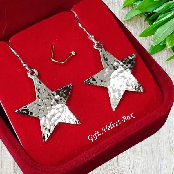 Handcrafted 925 Sterling Silver Star Earrings Hammered Silver Star Dangle Earrings Minimalist Star Drop Earring Celestial Earrings Gift