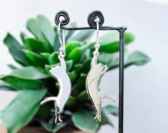Handmade 925 Sterling Silver Cat Earrings, Cat Earring For Women, Silver Kitten Earring, Cat Play Football Earring, Cute Cat Drop Earring