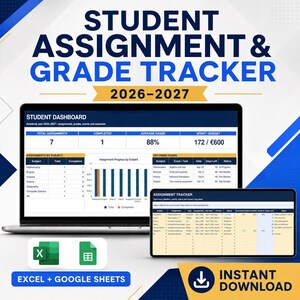 Puede incluir: Un rastreador digital de tareas y calificaciones estudiantiles para 2026-2027 mostrado en una computadora portátil y una tableta. El panel muestra métricas académicas, listas de materias y exámenes. Incluye iconos de Excel y Google Sheets.