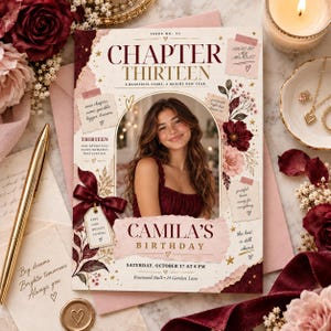 May include: A rectangular birthday invitation card featuring a central photo of a person with long brown hair. The card includes the text 'CHAPTER THIRTEEN', 'CAMILA'S BIRTHDAY', and event details, decorated with burgundy floral illustrations, gold stars, and ribbons.