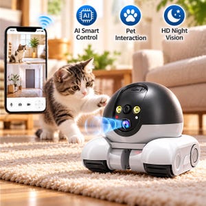 May include: A black and white robotic pet camera with a rounded top, a central lens, and two side wheels. The device features AI Smart Control, Pet Interaction, and HD Night Vision icons. A smartphone displays a live feed of a cat in a room.