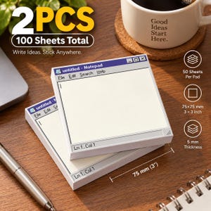 May include: Two square sticky note pads featuring a retro computer software interface design with a white text area, a blue title bar labeled untitled - Notepad, and status bar text reading Ln 1, Col 1. Each pad measures 3 by 3 inches and is 5 mm thick.