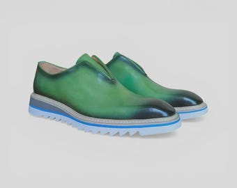 Green Patina Leather Slip On Shoes _ Handmade Men Luxury Formal Dress Loafers