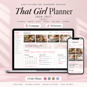 Peut inclure: Une interface de planificateur numérique intitulée That Girl Planner 2026-2027 affichée sur un ordinateur portable et un smartphone. Le tableau de bord inclut calendrier, habitudes, objectifs, budget, bien-être et journal, avec le texte Good things take time, Sofia.