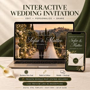 May include: An interactive wedding invitation template displayed on a laptop and smartphone screen. The design features the text Sofia & Matteo, September 20, 2027, and a wax seal graphic. Includes a private Google RSVP system, built-in editor, and setup guide.