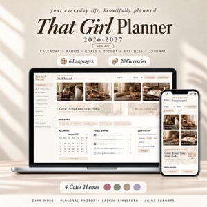 Puede incluir: Un ordenador portátil y un teléfono inteligente muestran el panel de control de la aplicación web That Girl Planner 2026-2027. La interfaz incluye secciones para calendario, hábitos, metas, presupuesto, bienestar y diario en tonos neutros.