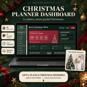 May include: A digital Christmas planner dashboard displayed on a laptop screen, featuring a countdown timer, season progress tracker, and budget overview. The interface includes 18 planner tabs, gift and shopping lists, and a photo of a family.
