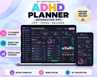 Puede incluir: Una aplicación interactiva de planificación para TDAH mostrada en la pantalla de una computadora portátil y un teléfono inteligente. La interfaz presenta un tema oscuro con visualizaciones de datos coloridas, listas de tareas y rastreadores de hábitos. Texto incluye: ADHD PLANNER, LIFE, FOCUS, BALANCE.