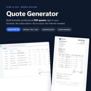 Peut inclure: Une interface numérique pour un outil générateur de devis avec le texte HTML & CSS, WORKS OFFLINE, Quote Generator, Build branded, professional PDF quotes right in your browser. No subscription. No account. No internet needed.