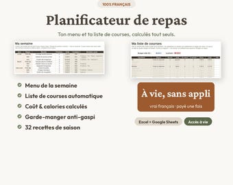 Speiseplaner (Excel & Google Sheets) | Wochenmenü + automatische Einkaufsliste | Authentische französische Küche, lebenslang, keine App erforderlich | Olina