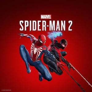 Può includere: La grafica promozionale di Marvel Spider-Man 2 mostra due figure in tute rosse e blu o nere e rosse che saltano su uno sfondo rosso a tinta unita. Il testo MARVEL SPIDER-MAN 2 è visualizzato in bianco in alto, con effetti di energia elettrica blu.