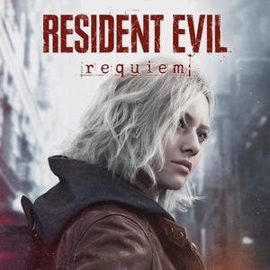 Peut inclure: Une affiche promotionnelle pour Resident Evil Requiem montrant une personne aux cheveux courts, ondulés et blond platine. Elle porte une veste en cuir marron foncé avec une capuche noire. Le titre Resident Evil requiem est écrit en rouge.