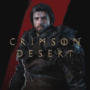 Könnte beinhalten: Eine digitale Illustration einer bärtigen Figur mit dunklem Haar und blauen Gesichtsbemalungen, die einen schwarzen, pelzbesetzten Umhang und eine dunkle Rüstung trägt. Der goldene Text CRIMSON DESERT ist über der Figur vor dunklem Hintergrund.