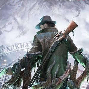 Può includere: Un poster promozionale per The Sinking City 2 con una figura che indossa un fedora e un cappotto scuro, armata di fucile. La figura è circondata da grandi tentacoli scuri e strutturati che emergono dall'acqua. Il titolo è in alto.