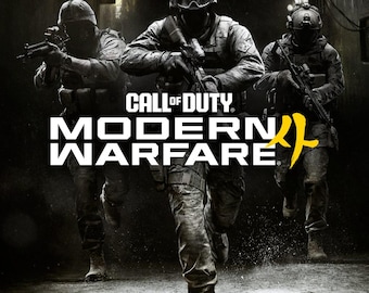 May include: Three soldiers in tactical gear and helmets run forward while holding rifles. The Call of Duty Modern Warfare II logo is centered in white and yellow text over the dark, gritty scene, featuring a stylized yellow Roman numeral II.