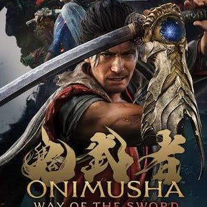 Könnte beinhalten: Eine digitale Illustration eines Kriegers, der ein Katana mit einem verzierten, leuchtend blauen Griff hält. Der Text lautet Onimusha Way of the Sword. Im Hintergrund steht eine Figur mit breitkrempigem Hut vor einer dunklen Kreatur.