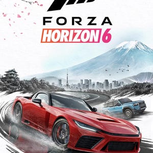 Könnte beinhalten: Ein Videospiel-Cover für Forza Horizon 6 Premium mit einem roten Sportwagen, der auf einer nassen Straße driftet, einem blauen SUV im Hintergrund, einem schneebedeckten Berg, einer Stadt und Kirschblütenzweigen auf weißem Hintergrund.