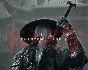May include: A warrior figure seen from behind, wearing a wide-brimmed hat and dark textured robes with red armoured gauntlets. The figure holds a sword over their shoulder. The text PHANTOM BLADE 0 is centred in white against a backdrop of a traditional building.
