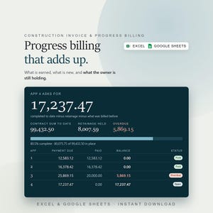 Construction Invoice Spreadsheet, Progress Billing with Retainage, Contractor Estimate, Excel and Google Sheets