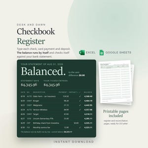 Puede incluir: Una plantilla de registro de chequera digital para Excel y Google Sheets. La pantalla muestra un estado de cuenta equilibrado al 31 de agosto de 2026, con columnas para fecha, descripción, pago, depósito y saldo. Incluye páginas imprimibles.