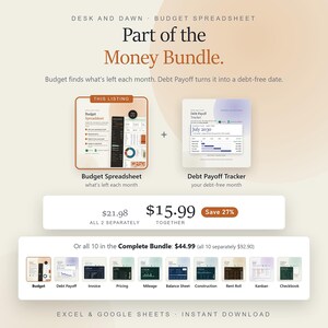 Puede incluir: Un paquete de hoja de c&aacute;lculo de presupuesto digital y rastreador de pago de deudas. El gr&aacute;fico muestra el texto Desk and Dawn Budget Spreadsheet, Part of the Money Bundle, y diez herramientas de seguimiento financiero para Excel y Google Sheets.
