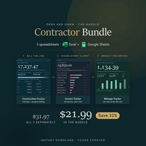 Puede incluir: Un paquete digital Contractor Bundle con tres hojas de cálculo para Excel y Google Sheets. El gráfico muestra una factura de construcción, un rastreador de facturas y un rastreador de kilometraje.