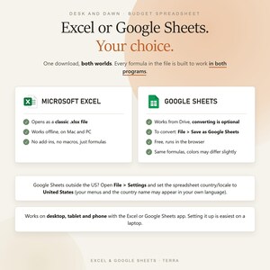 Puede incluir: Un gr&aacute;fico de producto de hoja de c&aacute;lculo de presupuesto titulado Desk and Dawn. Contiene texto que explica la compatibilidad con Microsoft Excel y Google Sheets, incluyendo instrucciones de configuraci&oacute;n para ambos programas en escritorio, tableta y dispositivos m&oacute;viles.